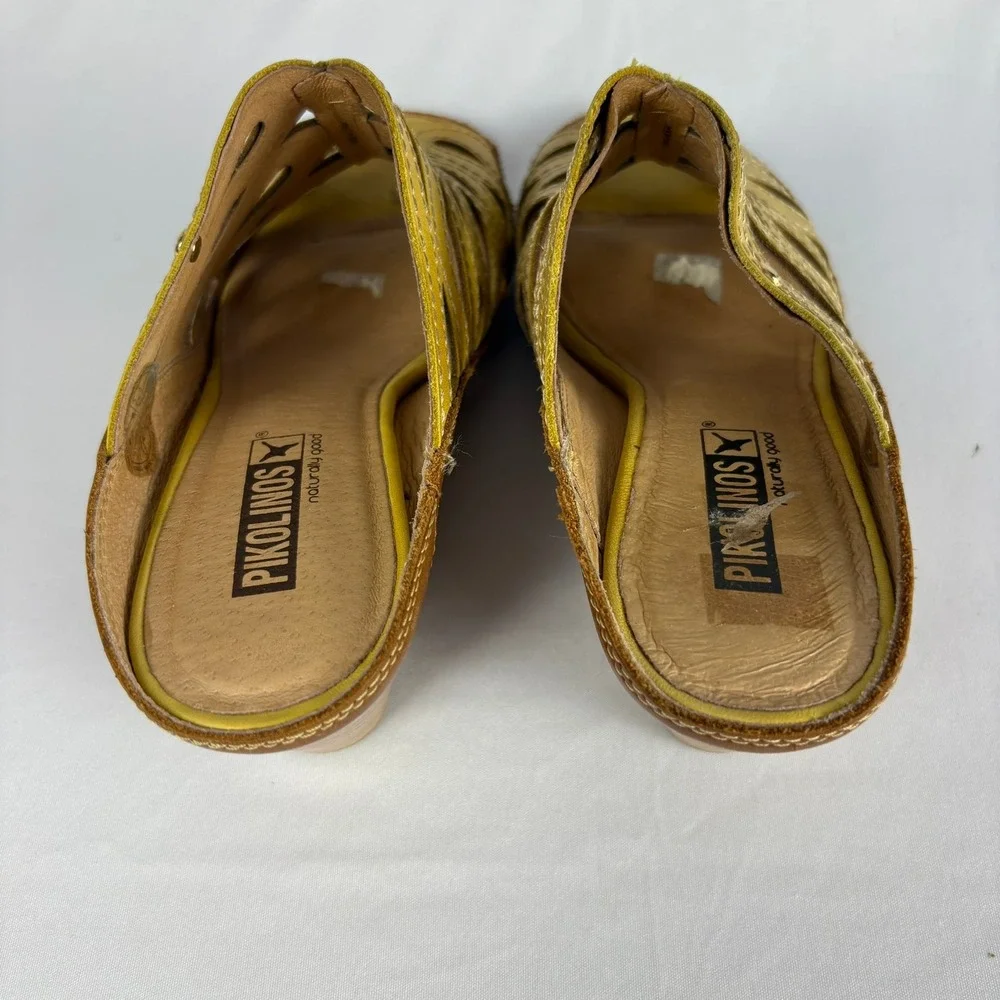 Pikolinos Womens 38 Yellow Leather Cutout Wedge Mules Sandals Peep Toe Spain